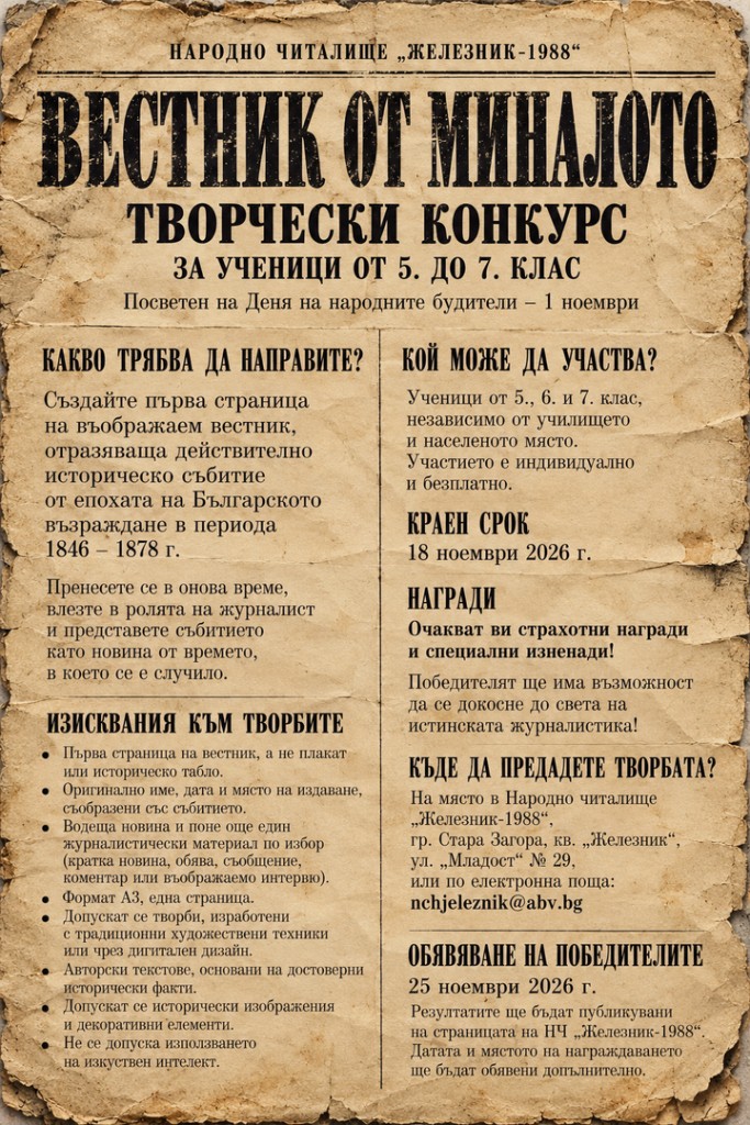 Народно читалище „Железник-1988“ организира творчески конкурс „Вестник от миналото“